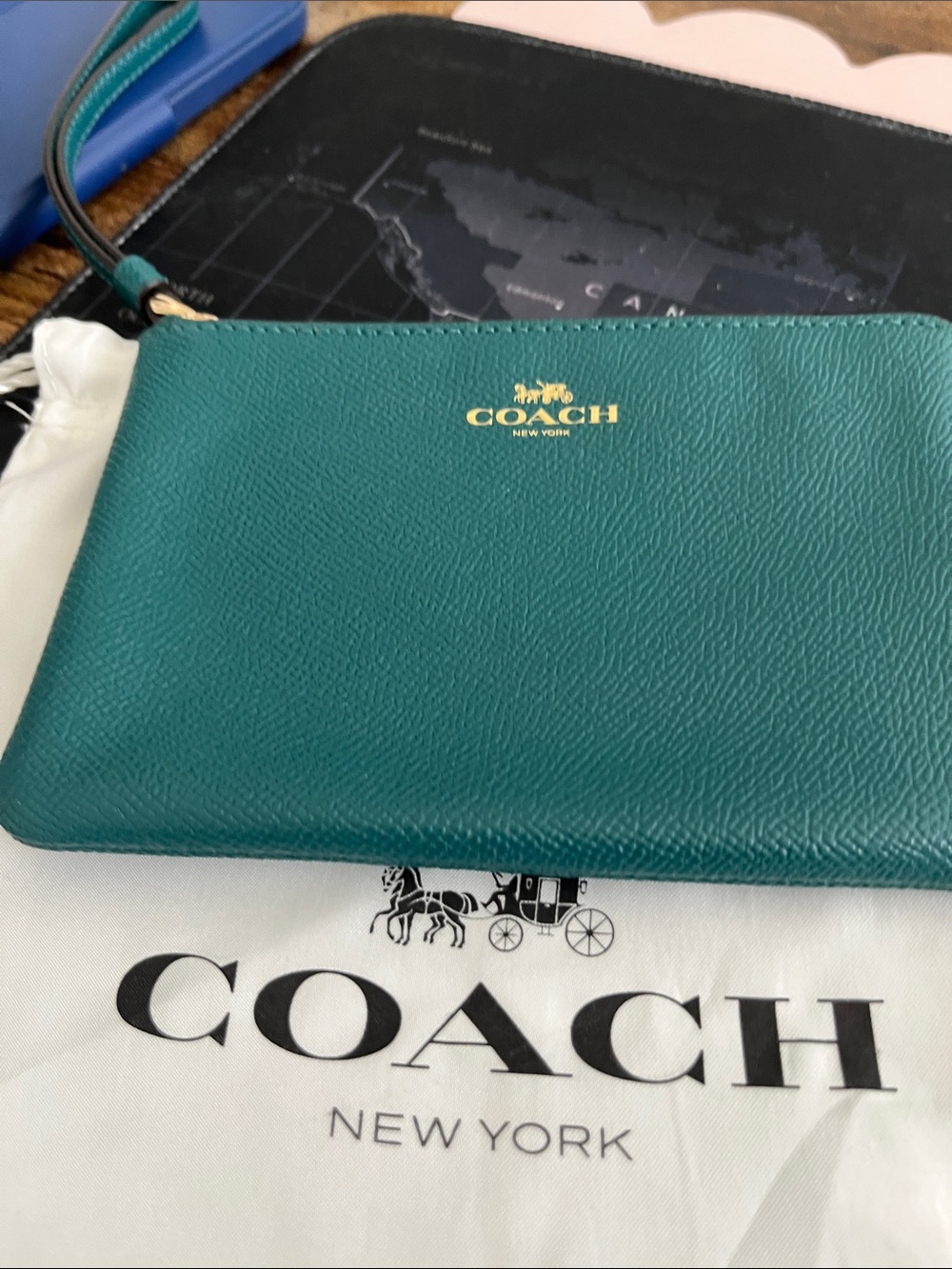 Coach Teal Green Leather Wristlet Pouch with Gold Logo